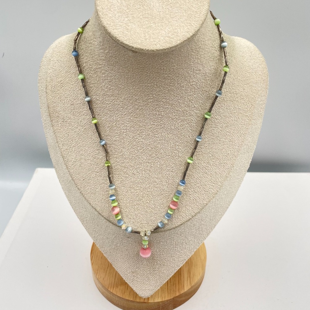 Y2K Pastel-Tone Faceted Bicone Crystals Cat's Eye Pendant Beads Station Necklace